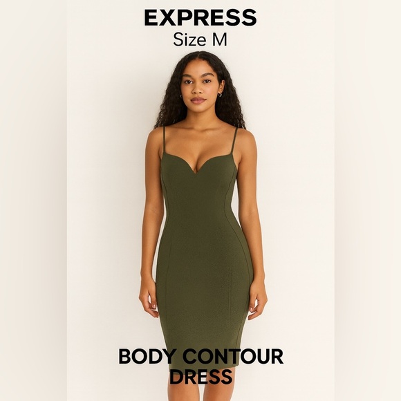 Express Dresses & Skirts - Express‎ Women's Midi Bodycon Sweater Dress Olive Green  V-Neck Stretch